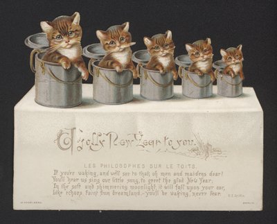 Kočky ve vedrech, novoroční přání (chromolitho) od German School