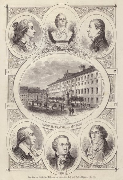Stoleté výročí Dvorního a Národního divadla, Mannheim, Německo (rytina) od German School