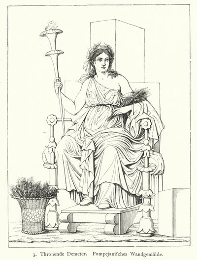 Ceres, římská bohyně sklizně, trůnící, nástěnná malba z Pompejí (rytina) od German School
