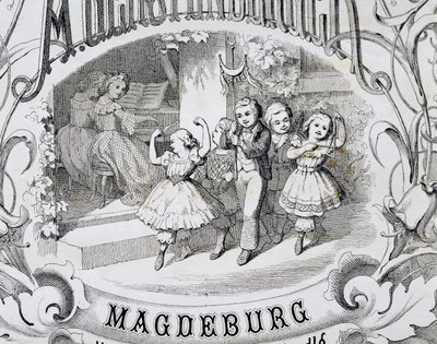 Dětská taneční scéna, detail titulní strany sbírky hudby a tanců pro děti vydané v Magdeburku. Německo od German School