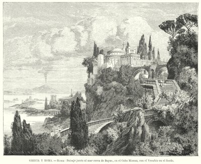 Pobřeží Neapolského zálivu ze starověkého římského města Baiae, Cape Miseno, s Vesuvem v dálce (litho) od German School