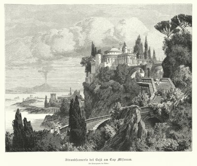 Pobřeží Neapolského zálivu ze starověkého římského města Baiae, Cape Miseno, s Vesuvem v dálce (rytina) od German School