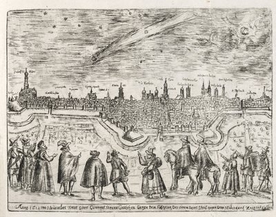 Kometa viděná nad Augsburgem koncem listopadu 1618, z Cometen Historia, hospoda. 1618 od German School