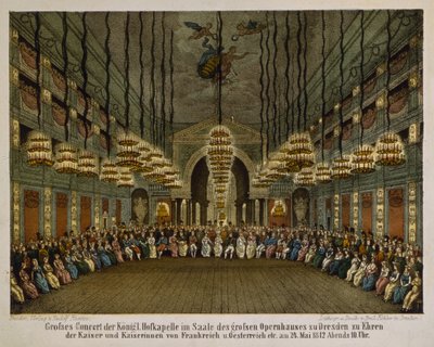 Koncert královské kapely v hledišti drážďanské opery na počest císařského páru, 1812 (barevné lito) od German School