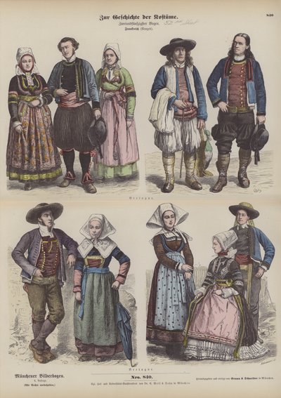 Kostýmy z Bretaně, konec 19. století (barevná rytina) od German School