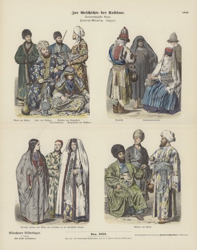 Kostýmy střední Asie, konec 19. století (barevné rytí) od German School