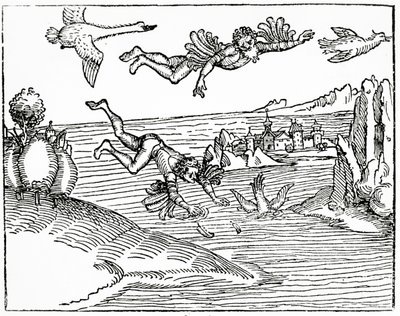 Daedalus, útěk z Kréty se svým synem Ikarem, ho vidí padat k smrti, 1493 (dřevoryt) od German School