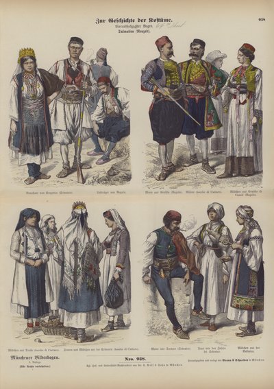 Dalmatské kroje, konec 19. století (barevná rytina) od German School