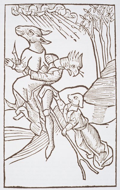 Odjezd na sabat, kopie ilustrace z knihy Von den Unholden oder Hexen od Ulricha Moliora, Constanz 1489, použitá v Historii magie, publikované koncem 19. století od German School