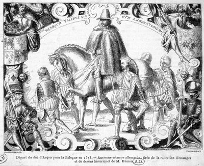 Odjezd vévody z Anjou do Polska v roce 1573 (zvolen polským králem, zmocní se jeho koruny) - Starověký německý tisk ze sbírky grafik a historických kreseb pana Hennina. od German School