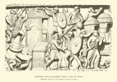 Zničení germánské vesnice římskými vojáky (rytina) od German School