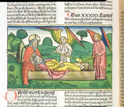 Deuteronomium 34 Mojžíšova smrt, z norimberské bible (Biblia Sacra Germanaica) (barevný dřevoryt) od German School