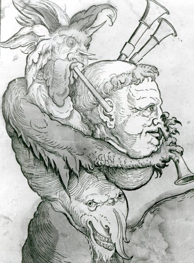 Devil Playing Mans Head as Bagpipes, 1144 (dřevořez) od German School