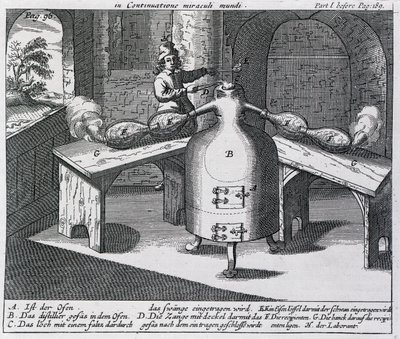 Destilace kyseliny dusičné (Aqua fortis neboli dělící kyselina) v železném muži se dvěma nosy od German School
