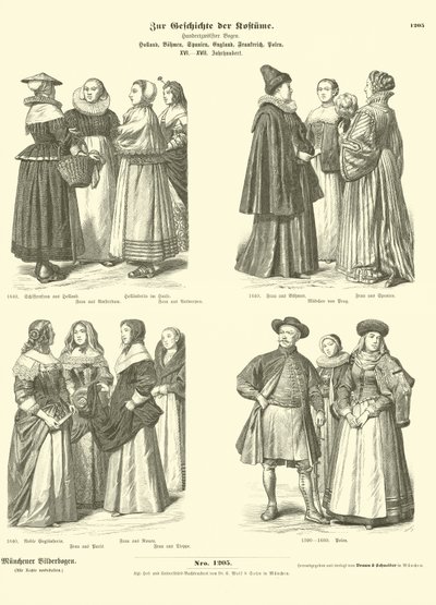 Holandština, bohémština, španělština, angličtina, francouzština a polština, kostýmy, 16. - 17. století od German School