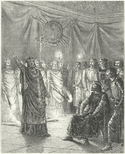 Edmund Rich, arcibiskup z Canterbury, vyhrožuje králi Jindřichu III. exkomunikací od German School