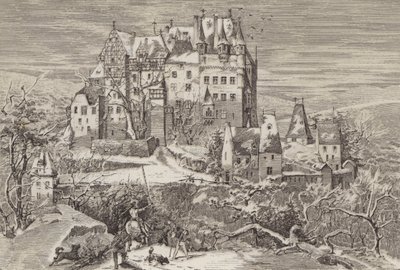 Hrad Eltz, v kopcích nad řekou Moselle, Německo, jak vypadal na konci 16. století (litho) od German School