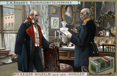 Německý a pruský císař Vilém I. (1797-1888) a kancléř Otto von Bismarck (1815-1898) diskutují o politických otázkách. Chromolitografie, konec 19. století. od German School