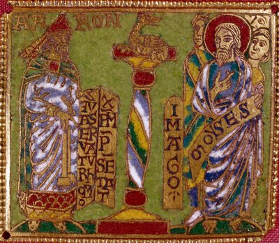 Smaltovaný štítek představující proroky Árona a Mojžíše. škola Rhenane. 12. století. Florencie, Nazionale Museo del Bargello od German School