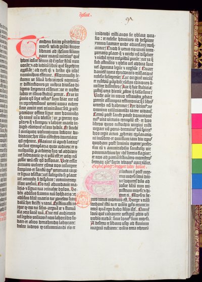 Konec Pentateuchu a začátek Knihy Jozue, z Gutenbergovy bible, tisk Johannes Gutenberg (asi 1400-68) a Peter Schoeffer (1425-1502) v Mohuči, 1454-56 (tištěný papír) od German School