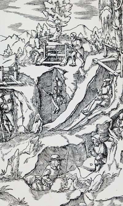 Rytina z De re metallica (O povaze kovů), od Georga Pawera nebo Georgiuse Agricoly (1494-1555), publikovaná v Basileji od German School