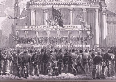 Zapisování dobrovolníků na obranu Paříže, Cassells History of the War between France and Germany vydané nakladatelstvím Cassell and Company Limited, kolem roku 1890 (litho) od German School