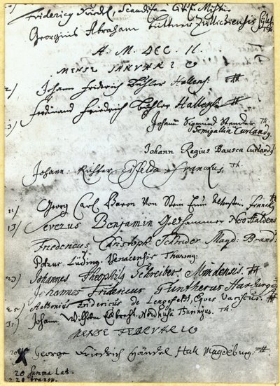 Záznam v záznamech univerzity v Halle, kde je uvedeno Händelovo jméno, 1702 od German School