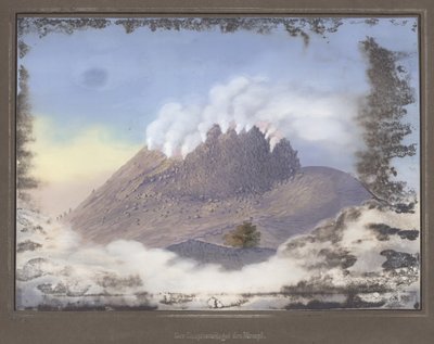 Erupce vulkánu Merapi s výhledem na východní konec kráteru, listopad 1836, pl.VI z Topographischer und Naturwissenschaftlicher Atlas zur Reise durch Java, od Dr. Paní Junghuhnová, Magdebu od German School