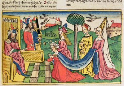 Esther 2 15-18, Ester je vybrána za královnu perským králem Ahasverem z norimberské bible (Biblia Sacra Germanaica) (barevný dřevoryt) od German School