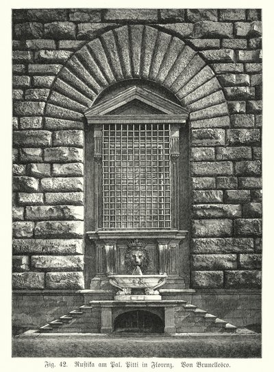 Příklad rustifikace, Filippo Brunelleschi, Palazzo Pitti, Florencie, Itálie (rytina) od German School
