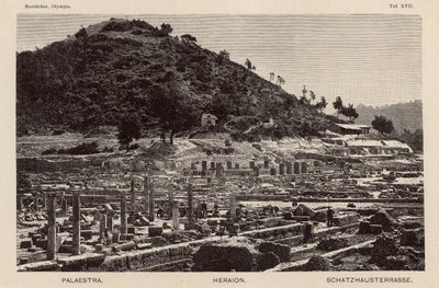 Vykopávky na místě starověké Olympie, Řecko: Palaestra, Héřin chrám a pokladnice (rytina) od German School