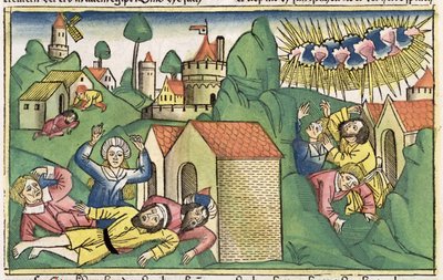 Exodus 11 1-10 Sedm egyptských ran: smrt nejstarších synů, z norimberské bible (Biblia Sacra Germanaica) (barevný dřevoryt) od German School