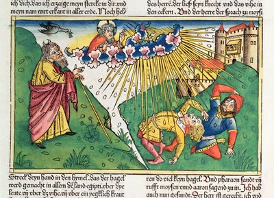 Exodus 9 13-35 Sedm egyptských ran: Mojžíš a mor krupobití a blesků, z „Norimberské bible (Biblia Sacra Germanaica)“ (barevný dřevoryt) od German School
