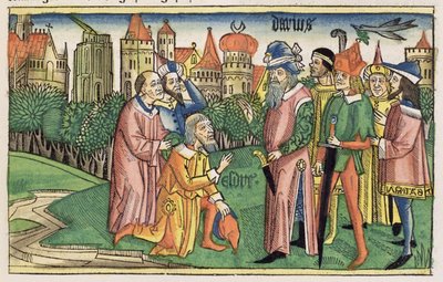 Ezra 6 16 Jeruzalémský chrám je zasvěcen králem Dareiem, z norimberské bible (Biblia Sacra Germanaica) (barevný dřevoryt) od German School