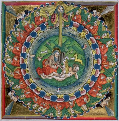 Faksimile kopie Genesis 2:22 Bůh stvořil Evu z norimberské bible (Biblia Sacra Germanaica) od German School