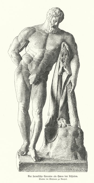 Farnese Hercules, římská kopie starověké řecké sochy od Lysippos (rytina) od German School