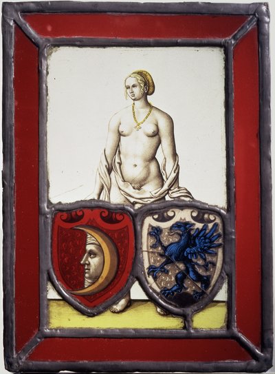 Ženský akt podpírající dva heraldické štíty, kolem roku 1535 (kovová nádoba, třpytivé a čiré sklo, žluté mořidlo a černá sklovitá barva) od German School