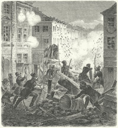 Boj na barikádě před radnicí Colln, Berlín, revoluce 1848 (rytina) od German School
