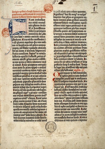 První strana Bible v latině (vulgáta) z Gutenberga připravená v Mohuči 1452 - 1454. Začátek epitru svatého Jeronýma knězi Paulinovi pojednávající o všech knihách Písma svatého. od German School