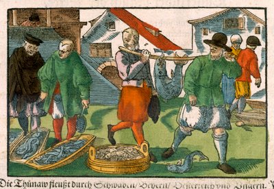Rybí trh, z německého rukopisu, kolem 1650 (ručně kolorovaný dřevoryt) od German School