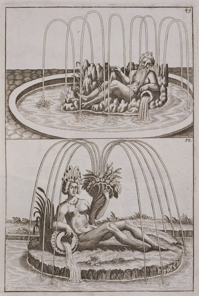 Fontány, z Architectura Curiosa Nova od Georga Andrease Bocklera (1617-85), vydané 1704 od German School