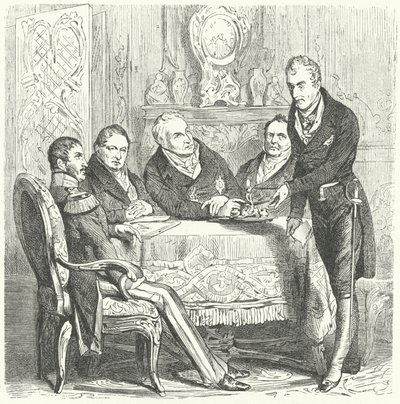 Fridrich Vilém III. Pruský při jednání se svým premiérem Karlem Augustem von Hardenbergem a Klemensem von Metternichem, rakouským ministrem zahraničí (rytina) od German School