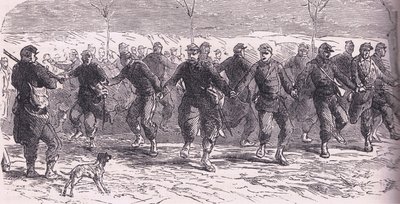 Francouzští vojáci tančící v táboře, Cassells Historie války mezi Francií a Německem vydaná Cassell and Company Limited, kolem roku 1890 (litho) od German School