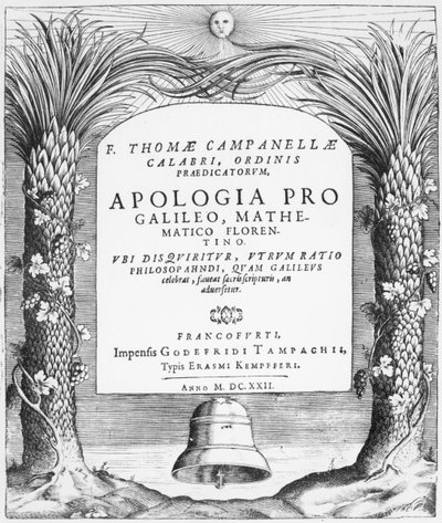 Frontispis k Apologia pro Galileo, Mathematico Florentino od Tommaso Campanella, vydáno ve Frankfurtu, 1622 od German School