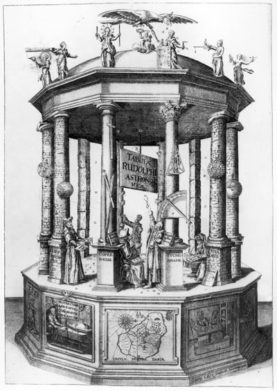 Frontispis k Rudolphine Tables sestavil Johannes Kepler, publikoval v roce 1627 od German School
