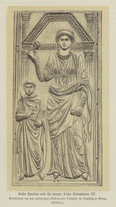 Galla Placidia, dcera římského císaře Theodisia I., a její syn Valentinian III (rytina) od German School
