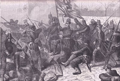 Generál von Budretzky, který vedl útok na Le Bourget, Cassells History of the War between France and Germany vydané nakladatelstvím Cassell and Company Limited, kolem roku 1890 (litho) od German School