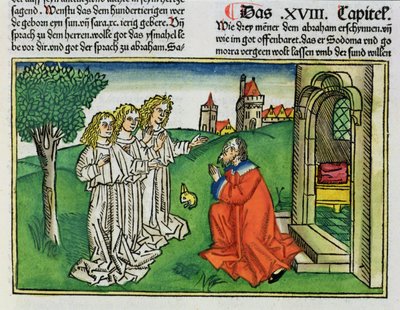 Genesis 18 2 Abraham a tři andělé, z norimberské bible (Biblia Sacra Germanaica) (barevný dřevoryt) od German School