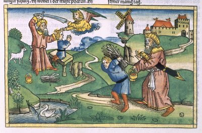 Genesis 21 1-14 Abrahamovi obětovali Izáka z norimberské bible (Biblia Sacra Germanaica) (barevný dřevoryt) od German School