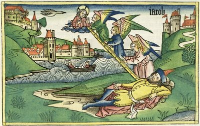 Genesis 28 10 Jacobs Ladder, z norimberské bible (Biblia Sacra Germanaica) (barevný dřevoryt) od German School